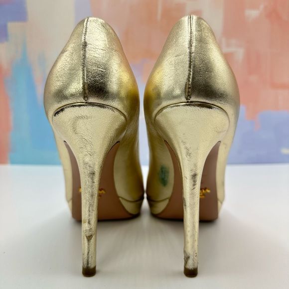 Prada Gold Platform Peep Toe Pump Heels Size 37.5 w/ Original Box Retail $720 - Picture 4 of 11